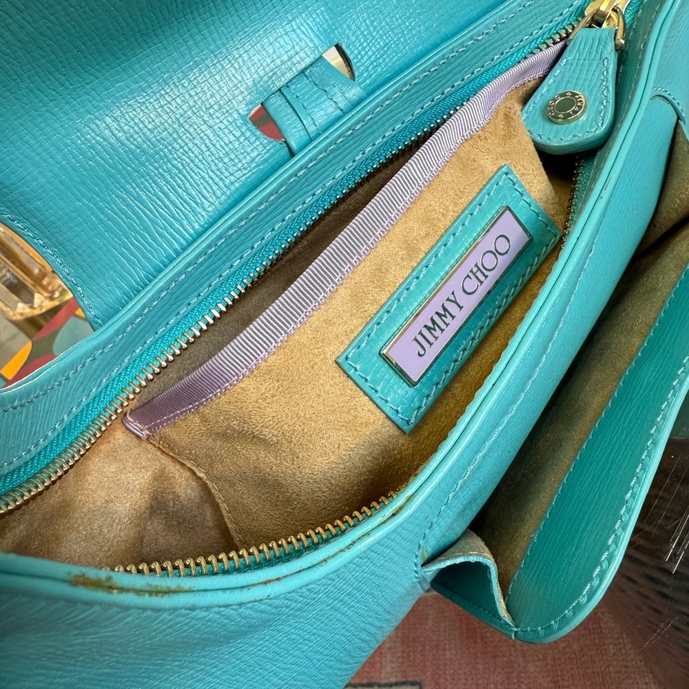 Jimmy Choo Turquoise Leather Hobo Shoulder Bag Gold Hardware - Picture 4 of 8
